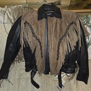 Brown and Black Leather Fringe Bomber Jacket